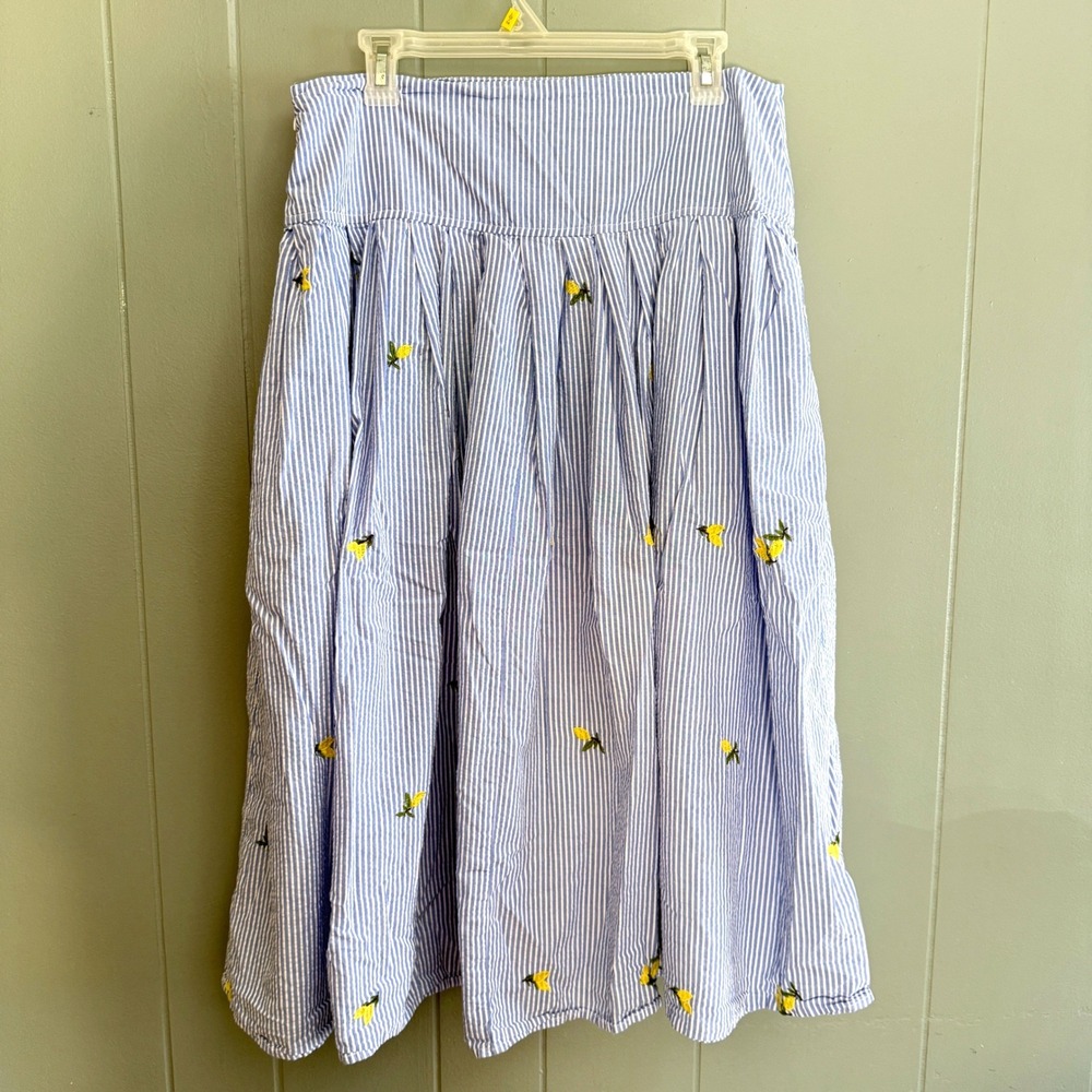 Blue White Striped Lemon Embroidered Midi Skirt Size 12 Cotton Seersucker Preppy - Picture 5 of 7